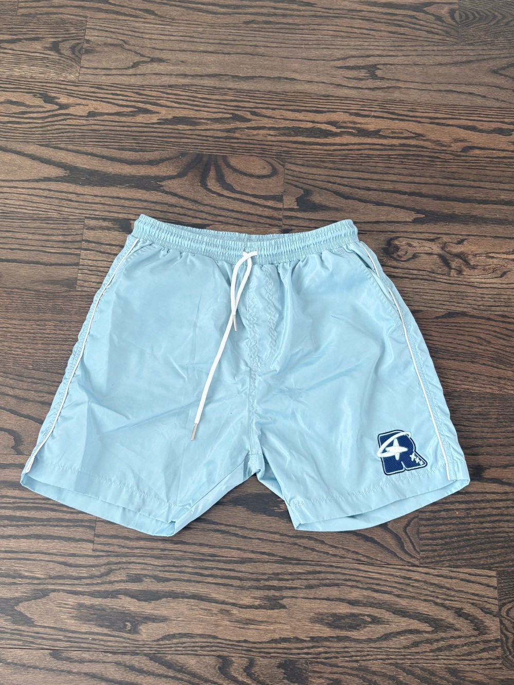 Light Blue Men’s nylon Shorts with Logo Patch